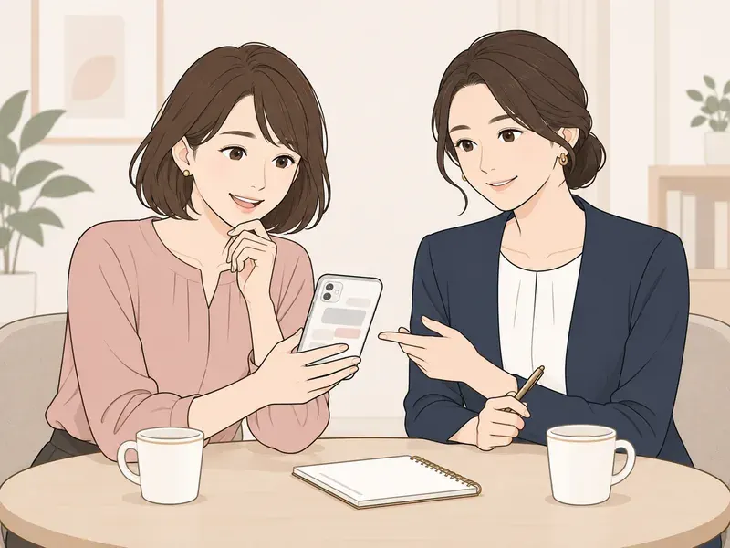 女性カウンセラーと会員がスマホを見ながら話すイラスト